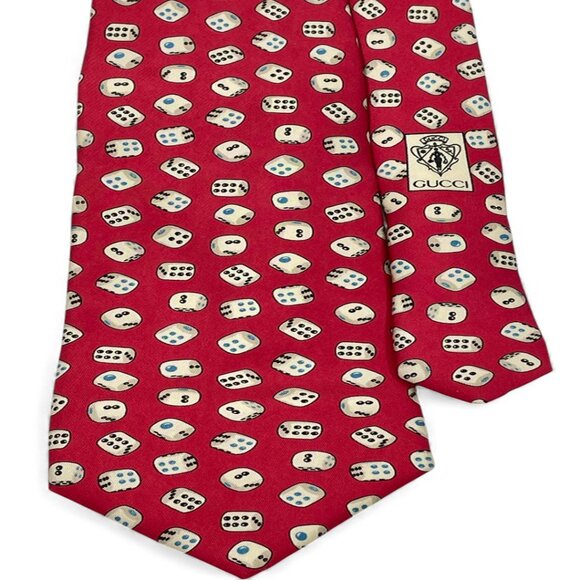 Gucci Silk Tie Italy Made Vintage Dice Gambler Print Red White - Picture 1 of 7